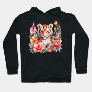 A tiger cub decorated with beautiful watercolor flowers Hoodie